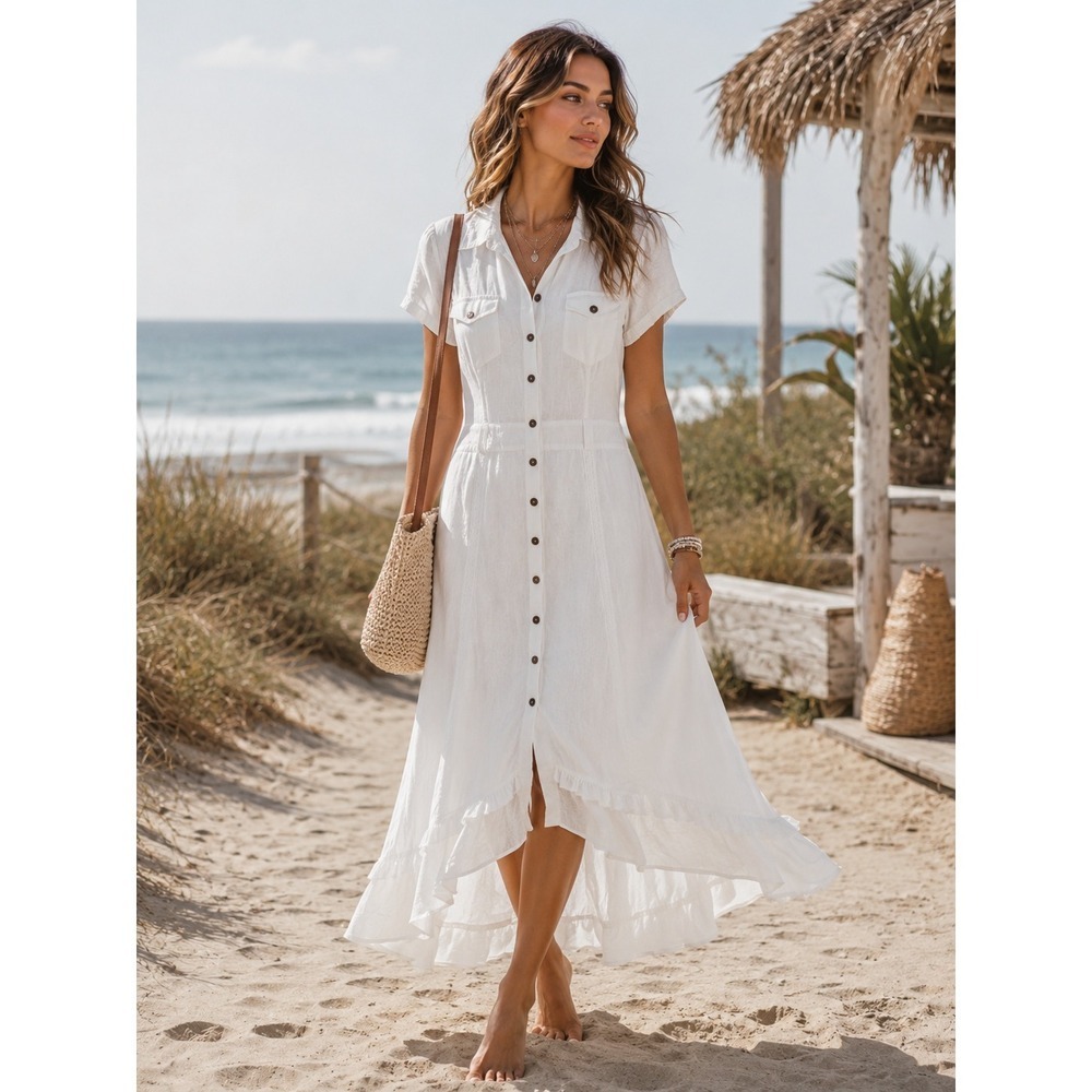 Sunny Leigh White Linen Midi Shirt Dress Crochet Trim Cottage Core boho Coastal